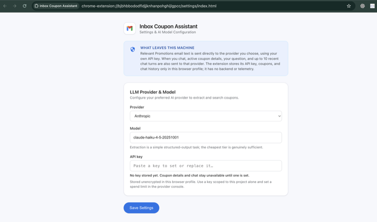 Inbox Coupon Assistant — Bring your own AI provider
