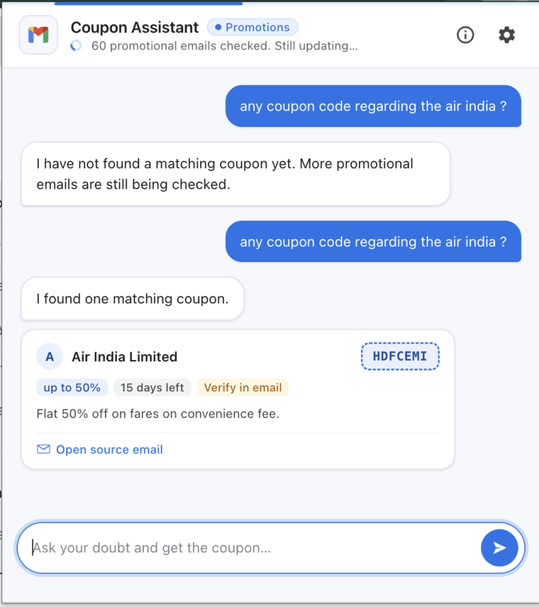 Inbox Coupon Assistant — Ask, and get the matching coupon